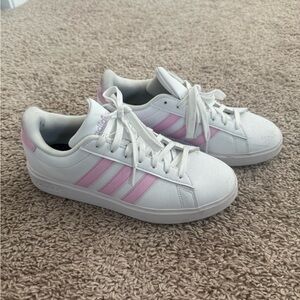 Women's Pink & White Adidas Shoes (Size: US 8)